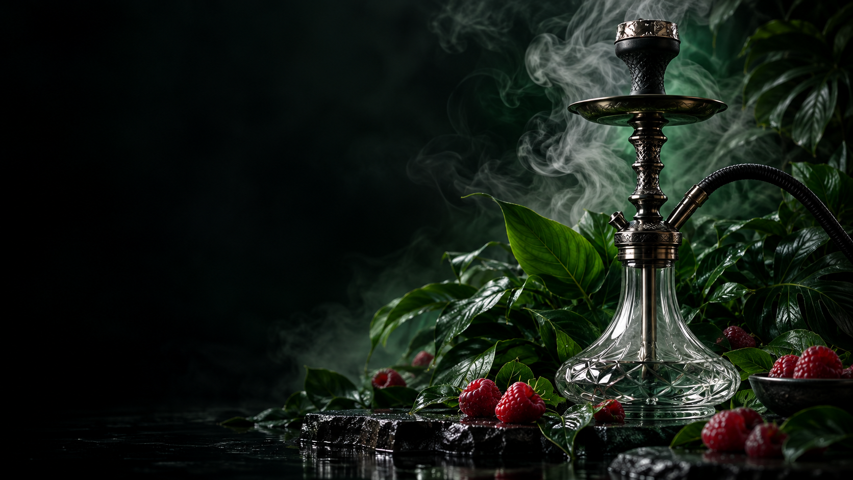 Кальян, свежая малина и зелёные листья в мягком свете
